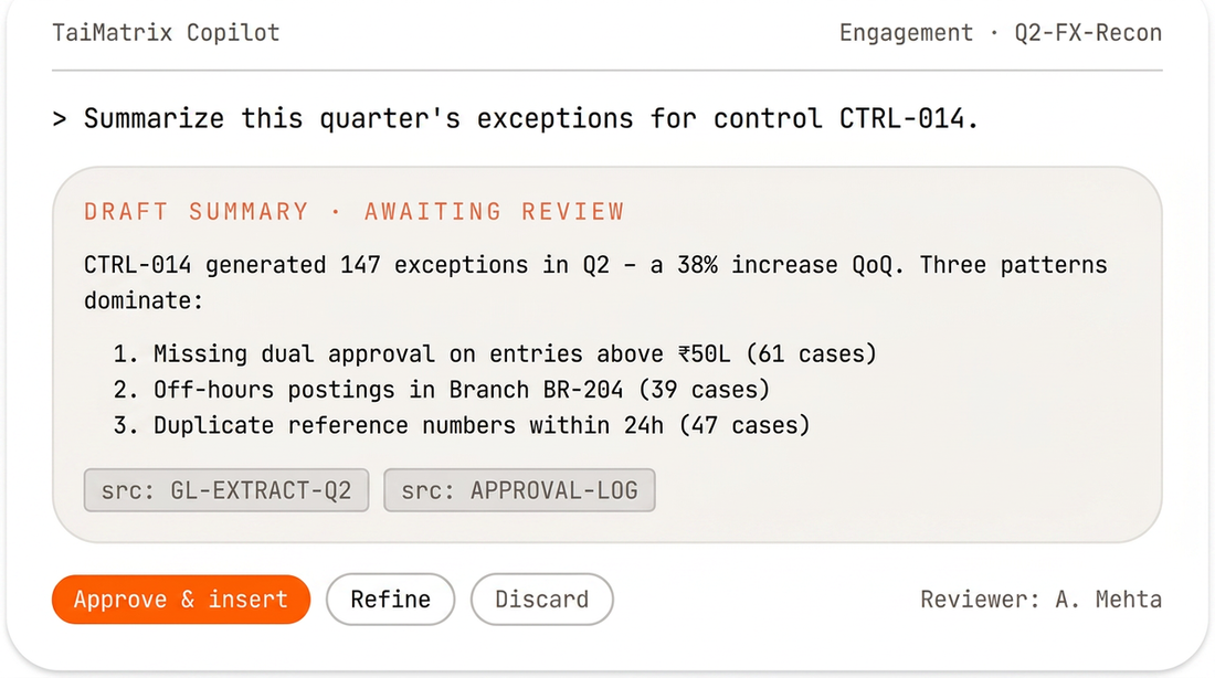 TaiMatrix AI Copilot — exception summary, observation drafting and source citations
